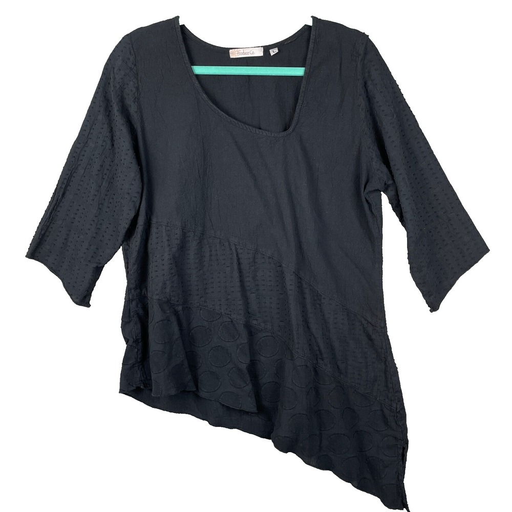 Produce Co Tunic Top Womens Large Black Textured Asymmetrical Hem Cotton Boho